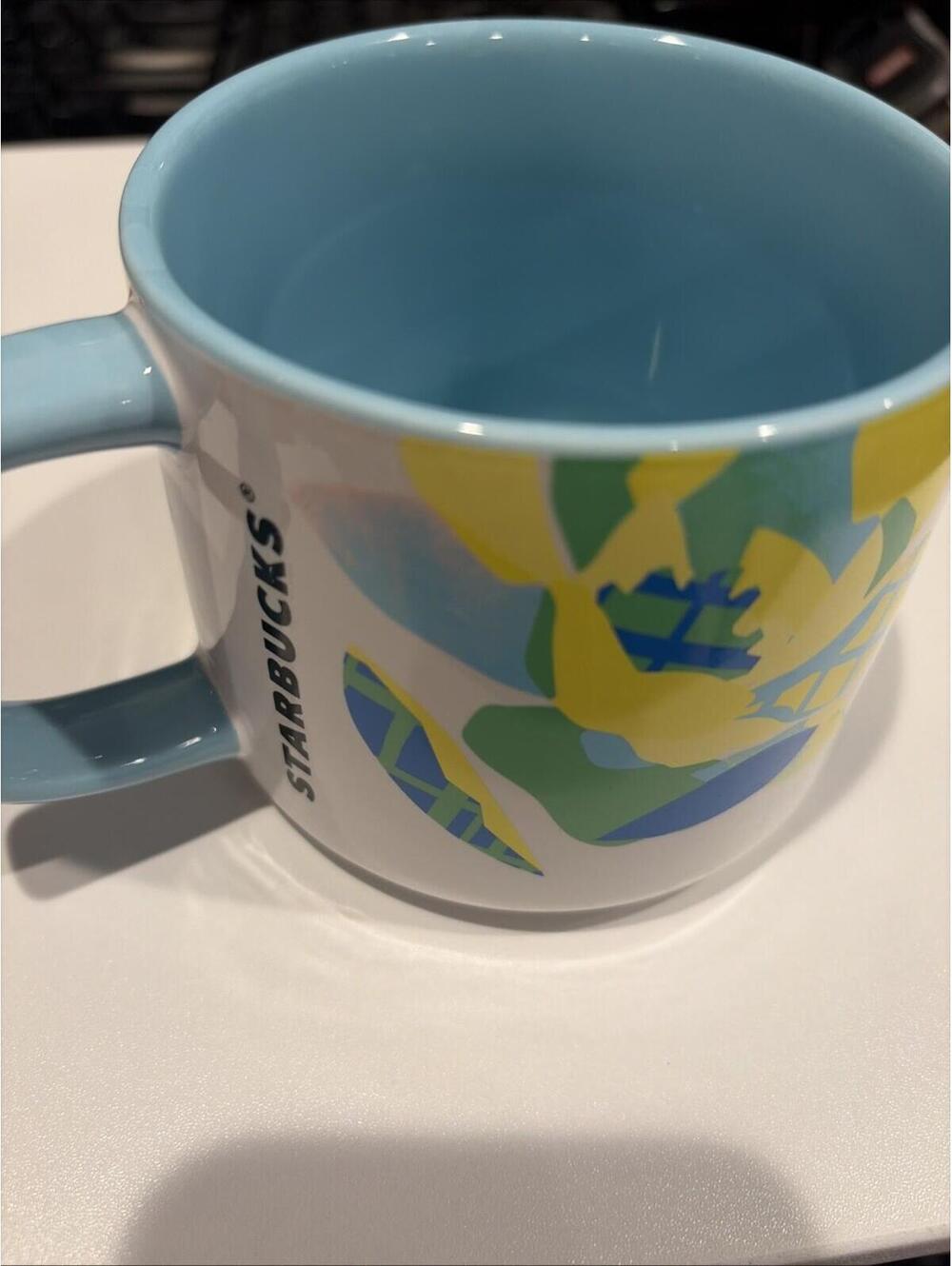 Starbucks 2023 Coffee Tea Ceramic Mug 14 oz Blue Yellow Floral Print